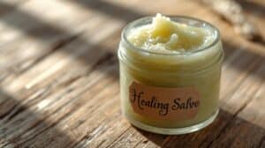 A close-up of a hand applying a finished beeswax salve or lotion bar, showing a rich texture and healthy skin