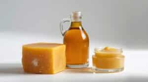 Ingredients for DIY beeswax healing salve and lotion bar recipe