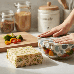 Homemade beeswax food wraps sealing fresh produce zero waste