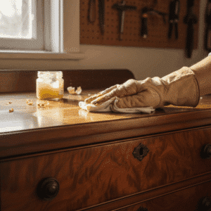 Beeswax and oil wood polish application on antique furniture