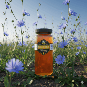 Jar of Bee-Licious Oregon Chicory Honey in a field of blooming chicory flowers with sky-blue petals in the Willamette Valley