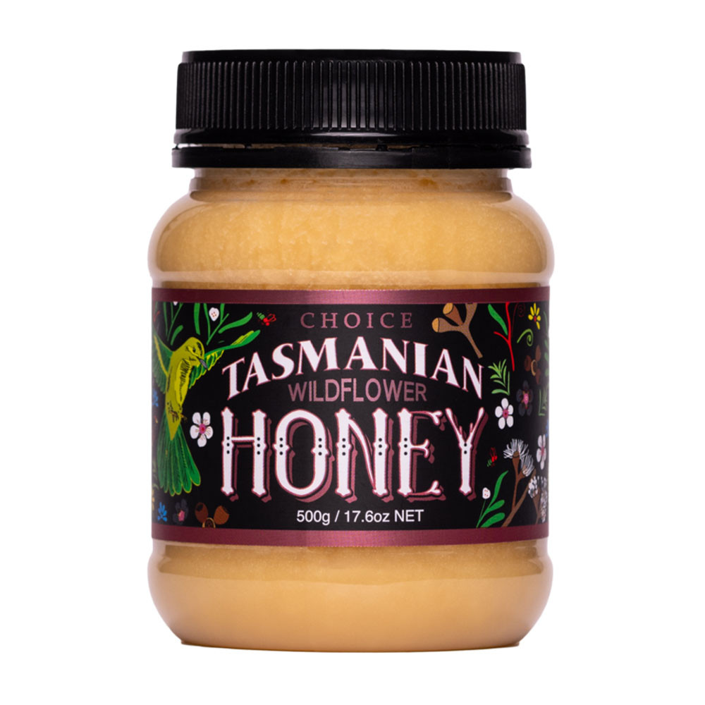 plastic jar of Tasmanian Wildflower honey