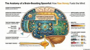 Infographic showing how raw honey supports brain energy, antioxidants, and cognitive health through natural polyphenols and glucose release.