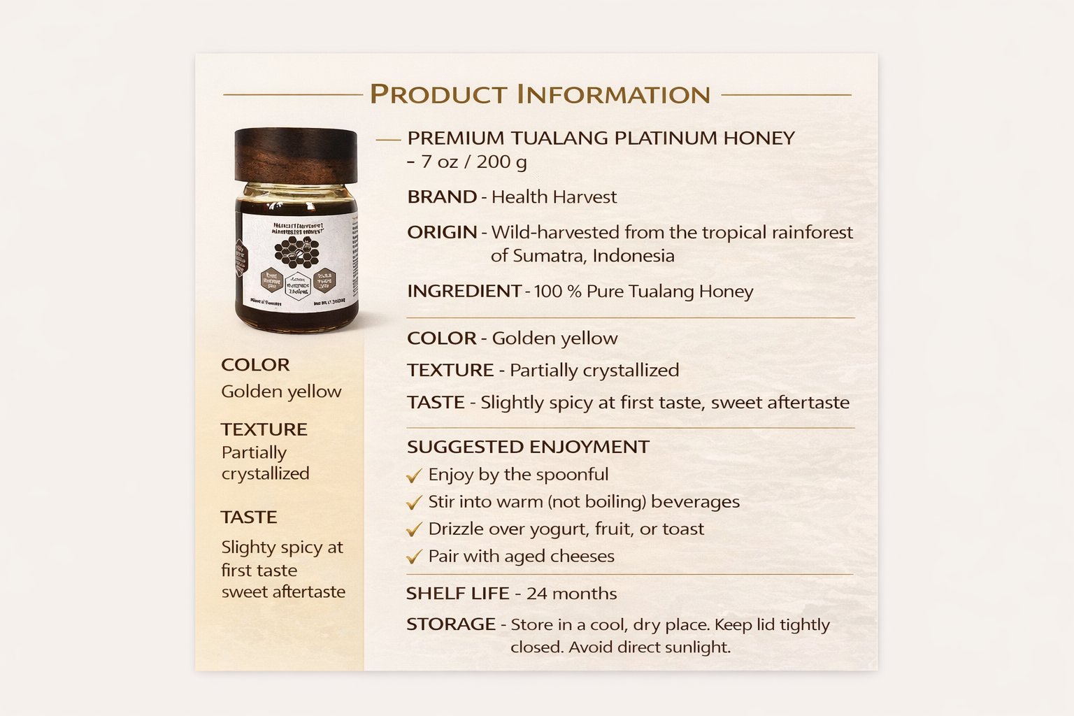 Product information panel for Premium Tualang Platinum honey from Sumatra showing origin, ingredient, storage, and flavor details.