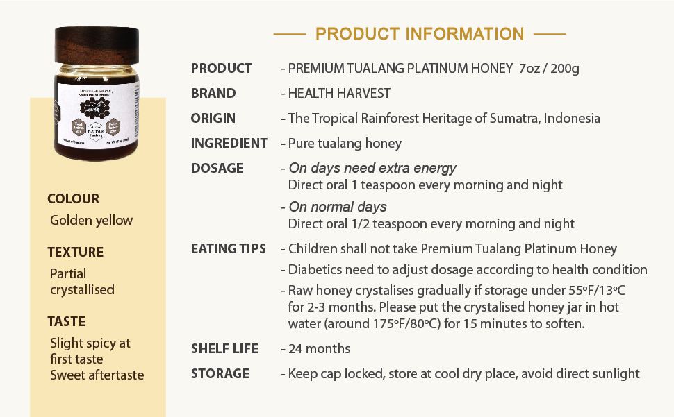 Product information panel for Premium Tualang Platinum honey from Sumatra showing origin, ingredient, storage, and flavor details.