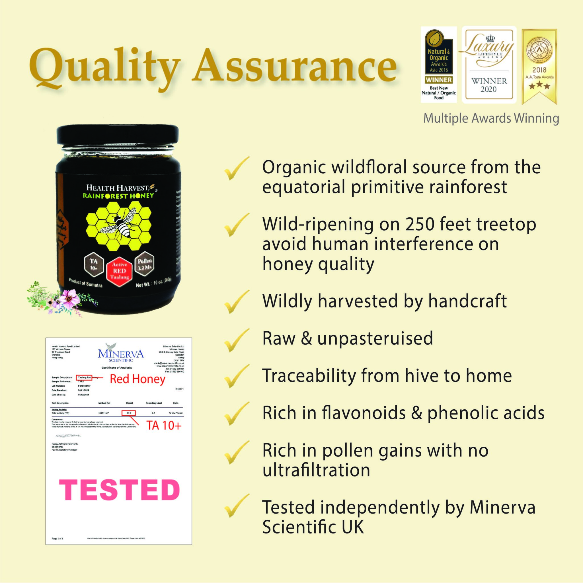Red Tualang Honey jar with quality assurance details including independent laboratory testing, raw unpasteurised status, and rainforest origin in Sumatra.