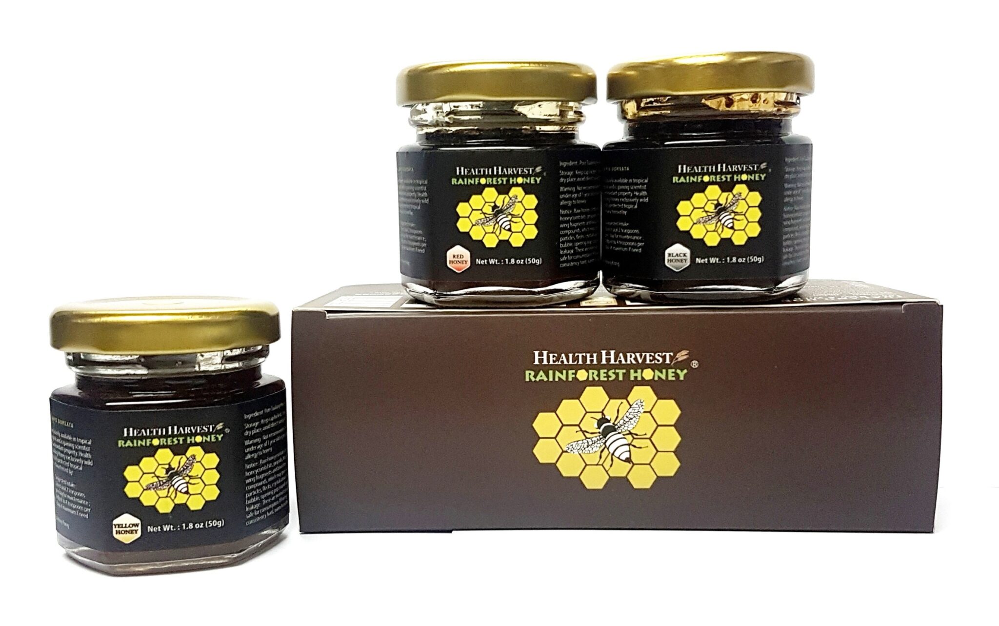 Tualang honey tasting pack with Black, Red, and Yellow grades in 50g jars by Health Harvest