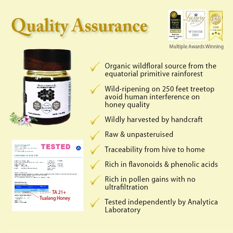 Quality assurance overview for Premium Tualang Platinum honey highlighting wild harvest, rainforest origin, and independent laboratory testing.