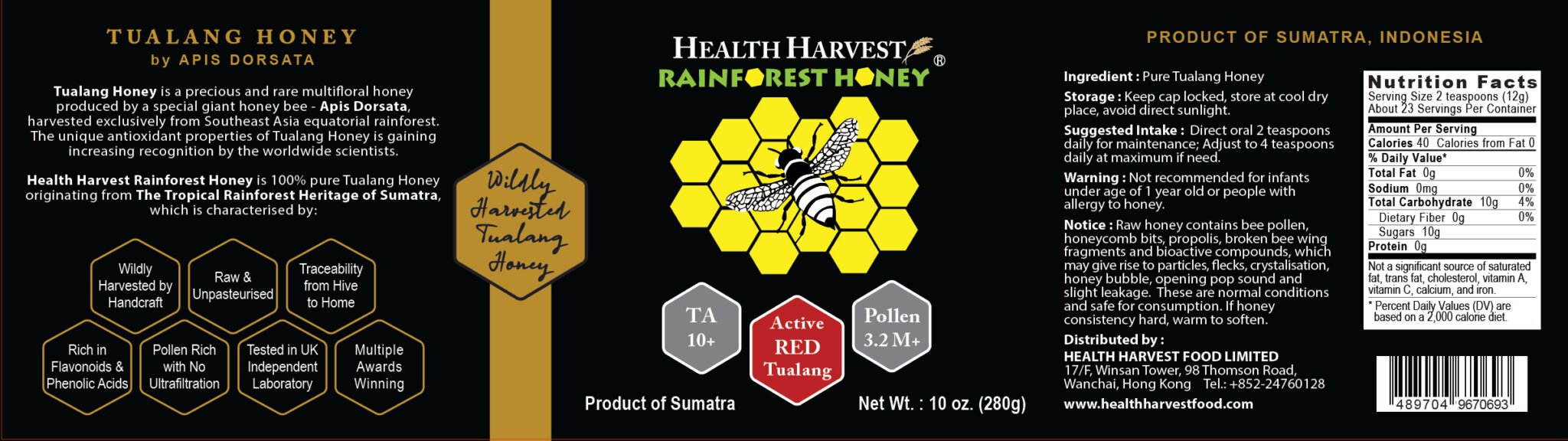 Front and back product label of Health Harvest Red Tualang Honey 10oz jar showing TA 10+, pollen count, nutrition facts, and Sumatra origin.