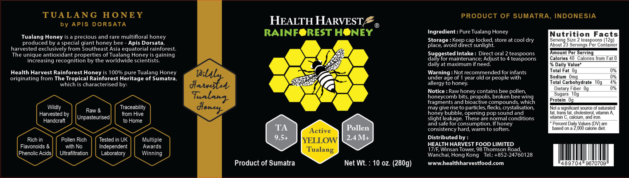 Front and back product label of Health Harvest Yellow Tualang Honey 10oz jar showing TA 10+, pollen count, nutrition facts, and Sumatra origin.