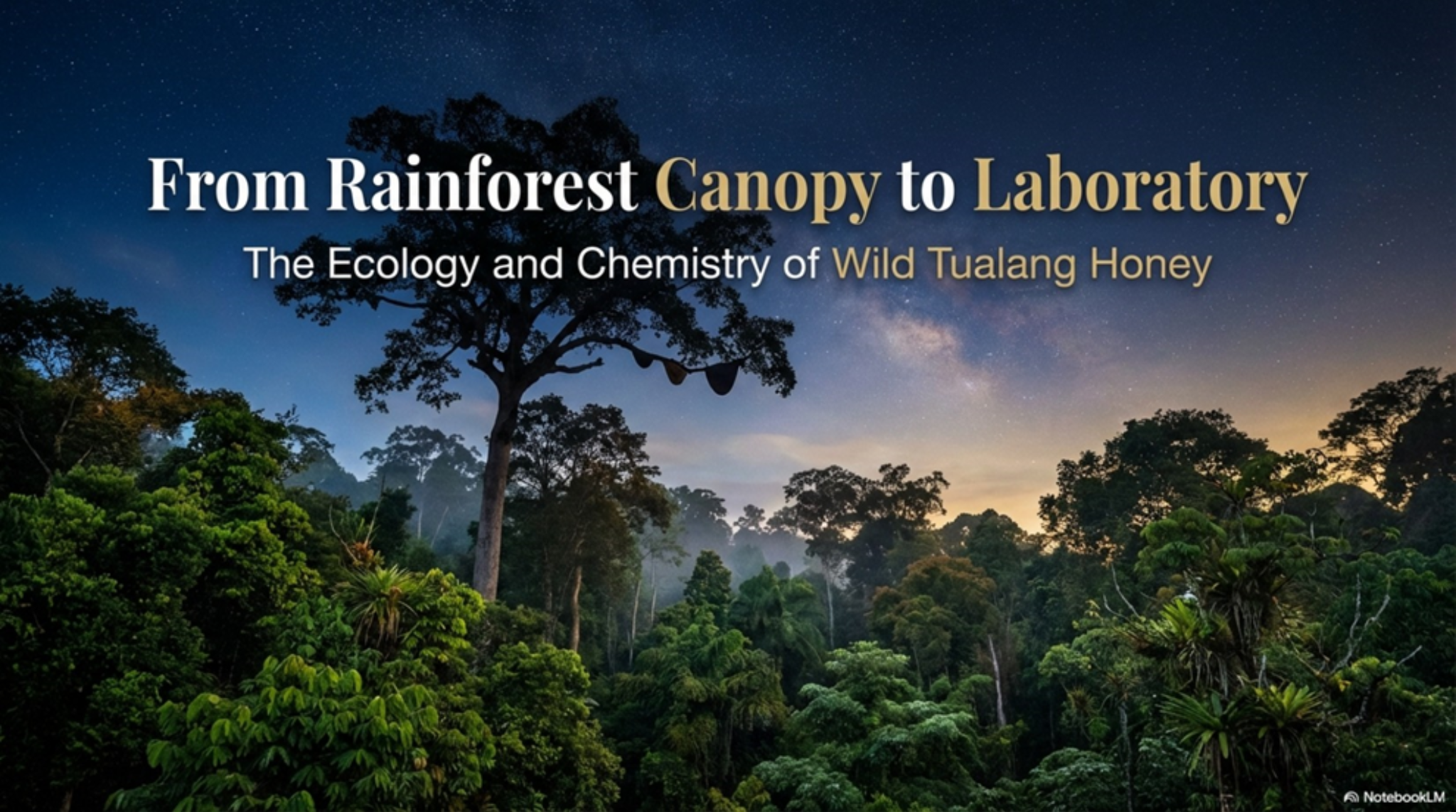 Tropical Southeast Asian rainforest landscape with a towering Tualang tree (Koompassia excelsa), illustrating the natural canopy environment where wild Tualang honey is produced by giant Apis dorsata honeybees.