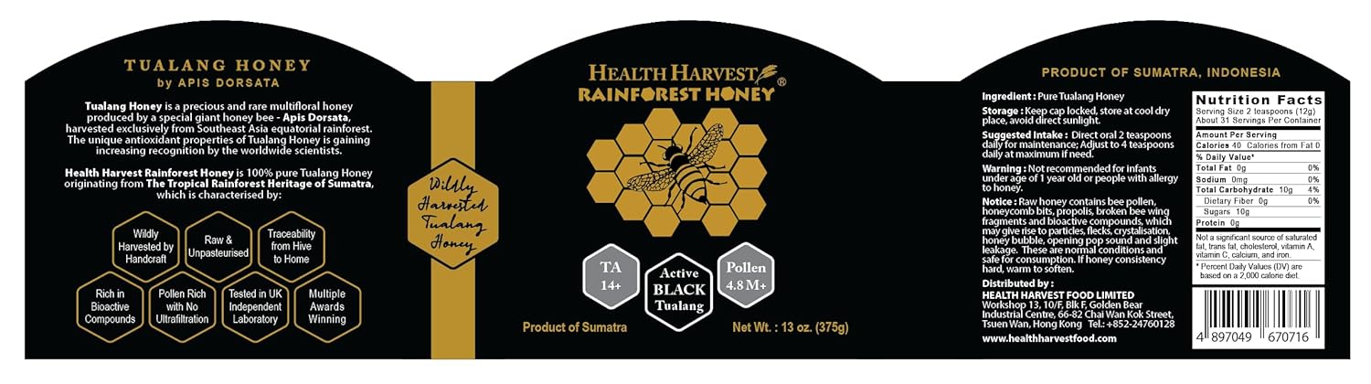 Full product label of Health Harvest Tualang honey showing origin Sumatra Indonesia nutrition facts and product information