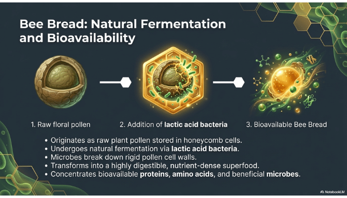 Illustration showing how bee bread forms through fermentation of pollen with lactic acid bacteria creating a nutrient-rich fermented bee food.
