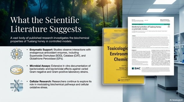 Scientific literature overview showing published research on Tualang honey, including studies on enzymatic activity, microbial assays, and cellular research related to wild rainforest honey.