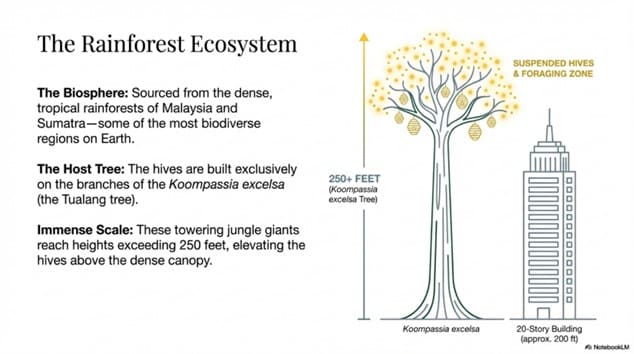 Diagram of the rainforest ecosystem showing a towering Tualang tree (Koompassia excelsa) with suspended giant honeybee hives compared to the height of a 20-story building.