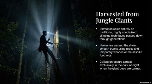 Traditional honey hunters climbing a tall rainforest tree at night using ropes to harvest wild Tualang honey from giant honeybee hives.
