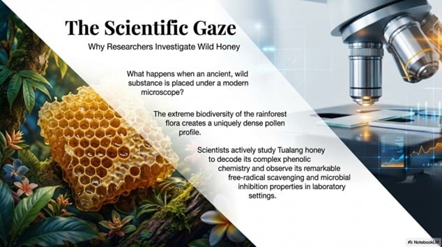 Scientific study of Tualang honey showing honeycomb and microscope representing laboratory research into the chemistry and antimicrobial activity of wild rainforest honey.
