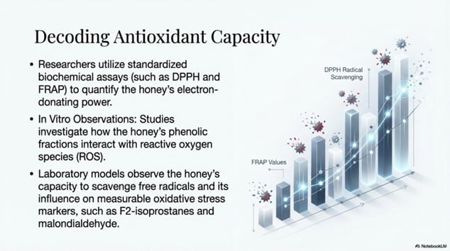 Infographic explaining antioxidant testing of Tualang honey using laboratory assays such as DPPH radical scavenging and FRAP to measure antioxidant capacity.