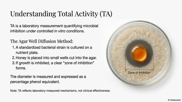 Laboratory test showing the zone of inhibition used to measure Total Activity (TA) in Tualang honey through the agar well diffusion method.