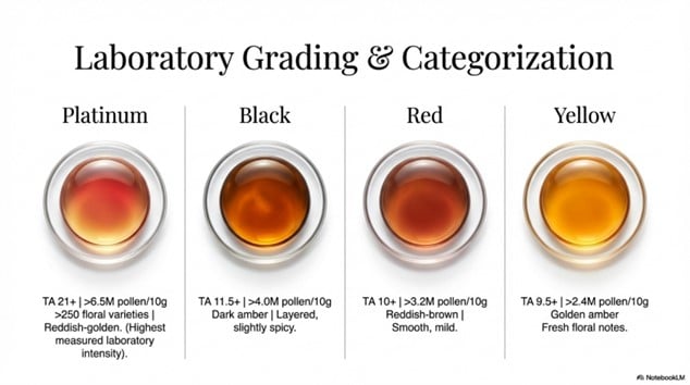 Laboratory grading chart of Tualang honey showing Platinum, Black, Red, and Yellow varieties categorized by Total Activity (TA) levels and pollen density.