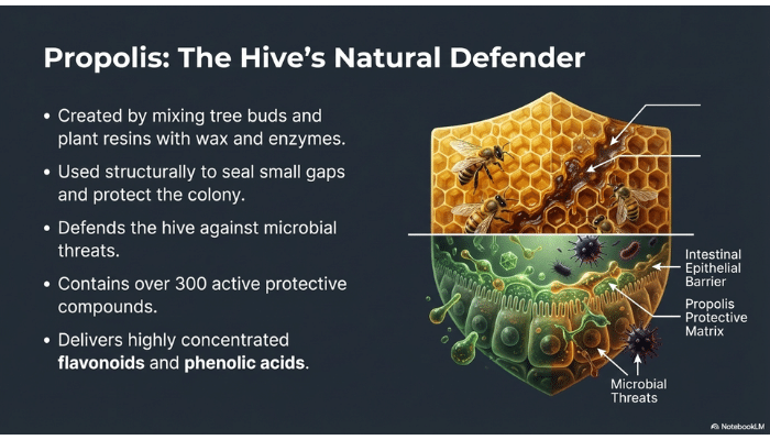 Diagram explaining propolis formation from plant resins, wax, and enzymes and its protective role within the hive and intestinal barrier.