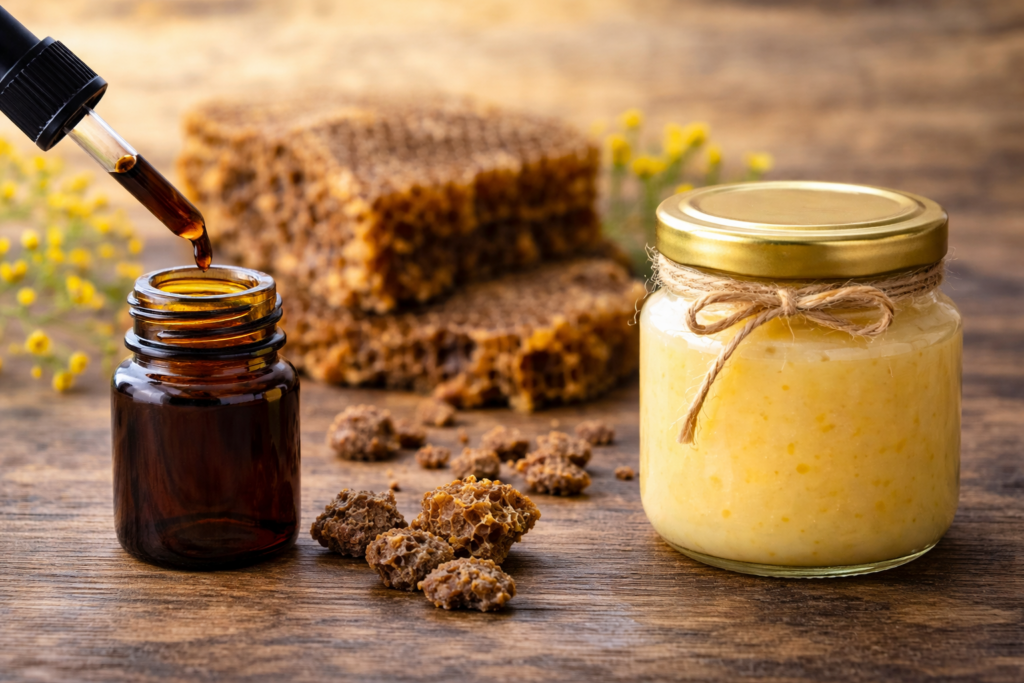 Propolis tincture dropper bottle and jar of fresh royal jelly on wooden surface with honeycomb in background