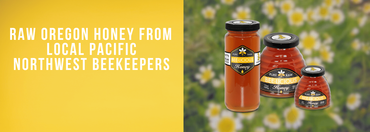 Bee-Licious Pure Raw Oregon honey jar in meadowfoam flowers with text Pure Raw Oregon Honey