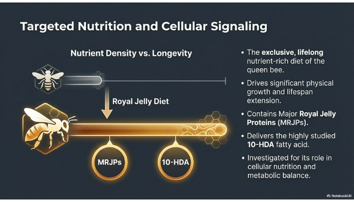 Diagram showing how royal jelly supports cellular signaling and nutrition, highlighting major royal jelly proteins (MRJPs) and the fatty acid 10-HDA associated with metabolic processes.