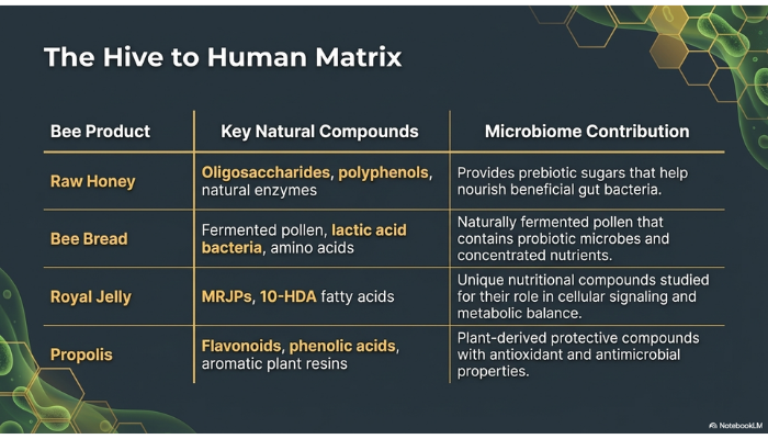 Comparison chart showing bee products including honey, propolis, royal jelly, and bee bread with their natural compounds and microbiome contributions.