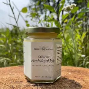 Jar of fresh royal jelly on wooden surface outdoors with natural greenery background