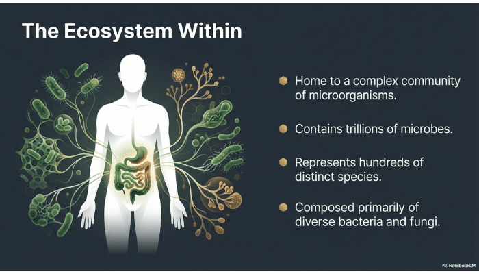 Illustration of the human gut microbiome showing bacteria and microorganisms surrounding the digestive system representing the internal microbial ecosystem.