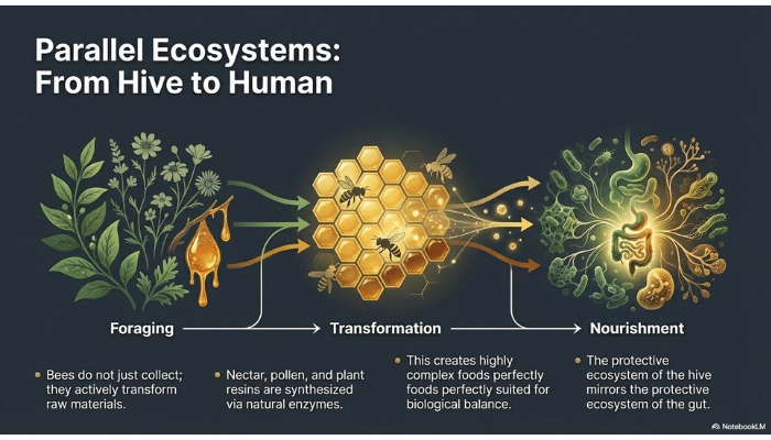 Diagram showing the connection between bee hive ecosystems and the human gut microbiome through transformation of nectar, pollen, and plant compounds into bee products.