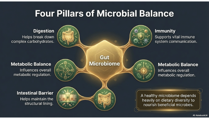 Diagram illustrating four major functions of the gut microbiome including digestion, immunity, metabolic balance, and intestinal barrier protection.