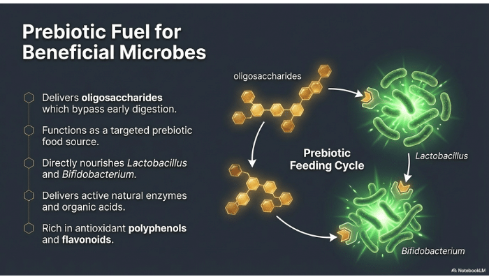 Scientific diagram showing how honey oligosaccharides act as prebiotic compounds that nourish beneficial gut bacteria including Lactobacillus and Bifidobacterium.