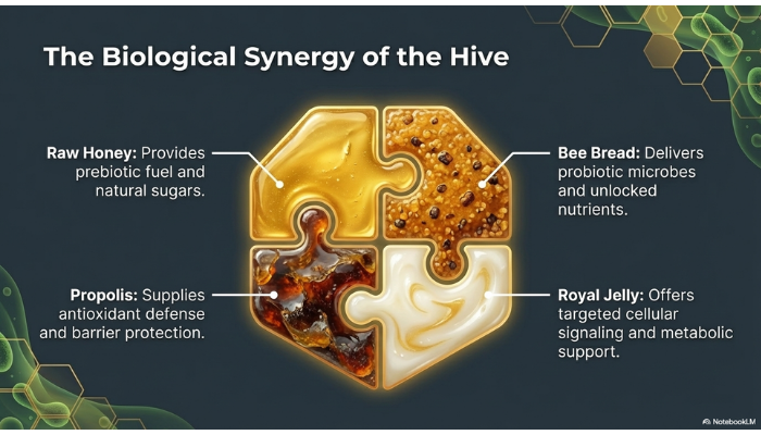 Diagram showing how raw honey, propolis, bee bread, and royal jelly work together to support balance within the gut microbiome.