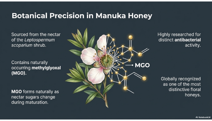 Illustration of Manuka honey derived from the Leptospermum scoparium plant showing the presence of methylglyoxal (MGO) and its role in the unique composition of Manuka honey.