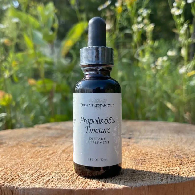 Propolis tincture bottle placed outdoors on wood with greenery in background