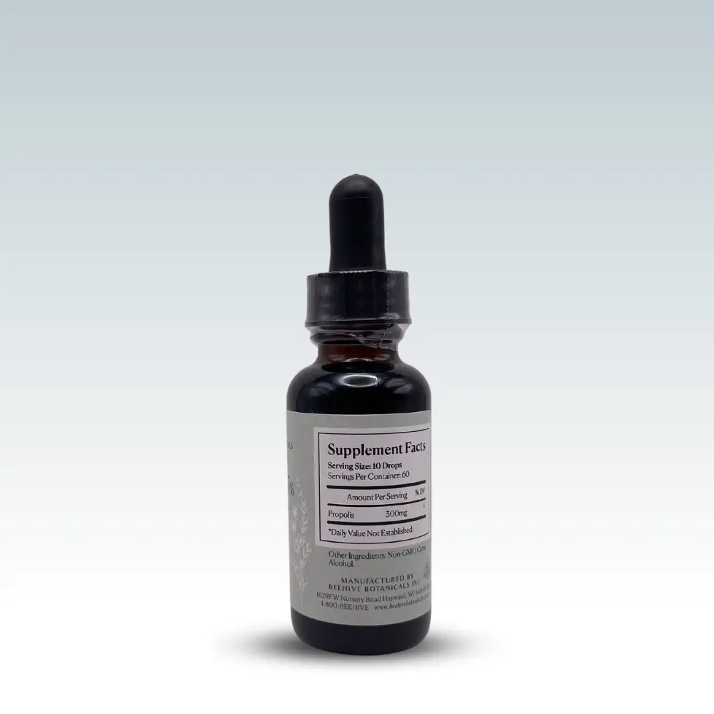 Close-up of propolis tincture supplement facts showing 300 mg propolis per serving