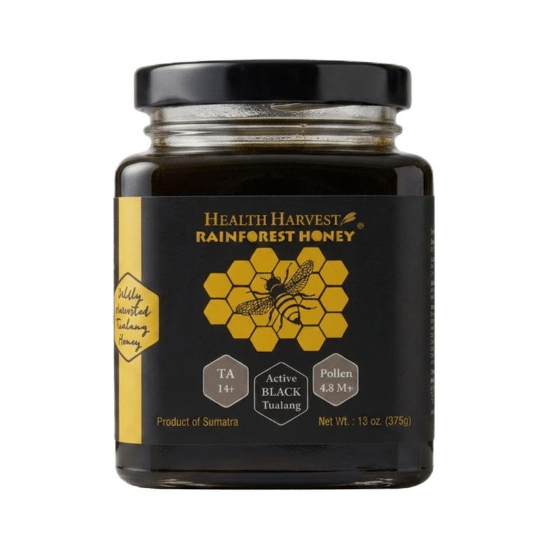 Health Harvest Premium Black Tualang Honey in a 375g (13 oz) glass jar with TA 14+, 4.8 million+ pollen count, harvested from Sumatra, Indonesia.