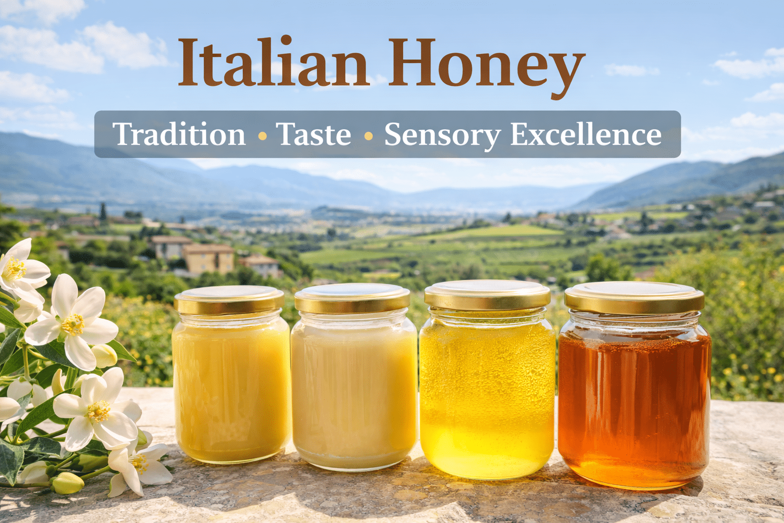 Four jars of Italian honey varieties displayed outdoors with a scenic countryside landscape in the background
