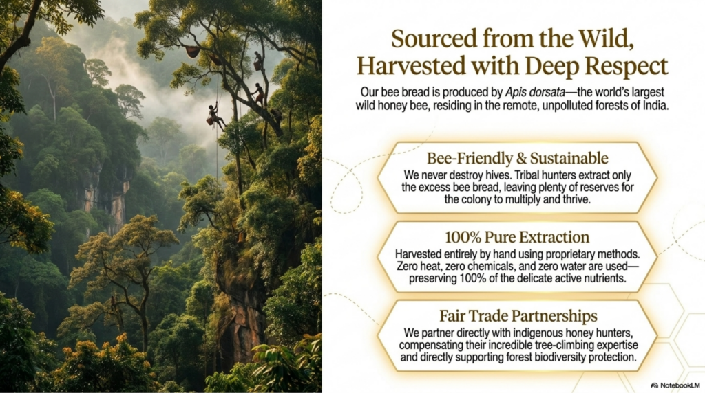 Traditional wild honey harvesting in a tropical forest with bees collecting nectar in a natural hive environment