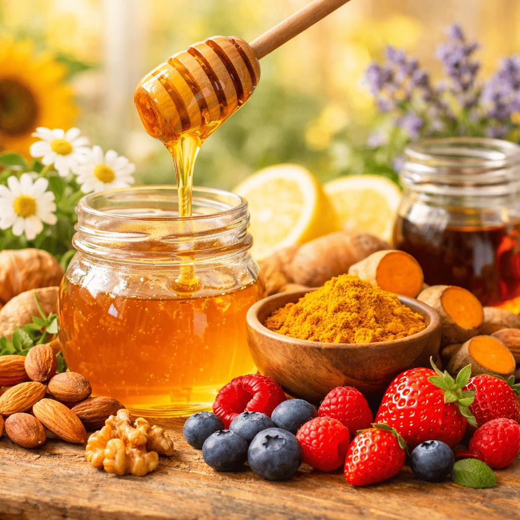Raw honey with berries, turmeric, and nuts representing natural foods studied for memory and brain health