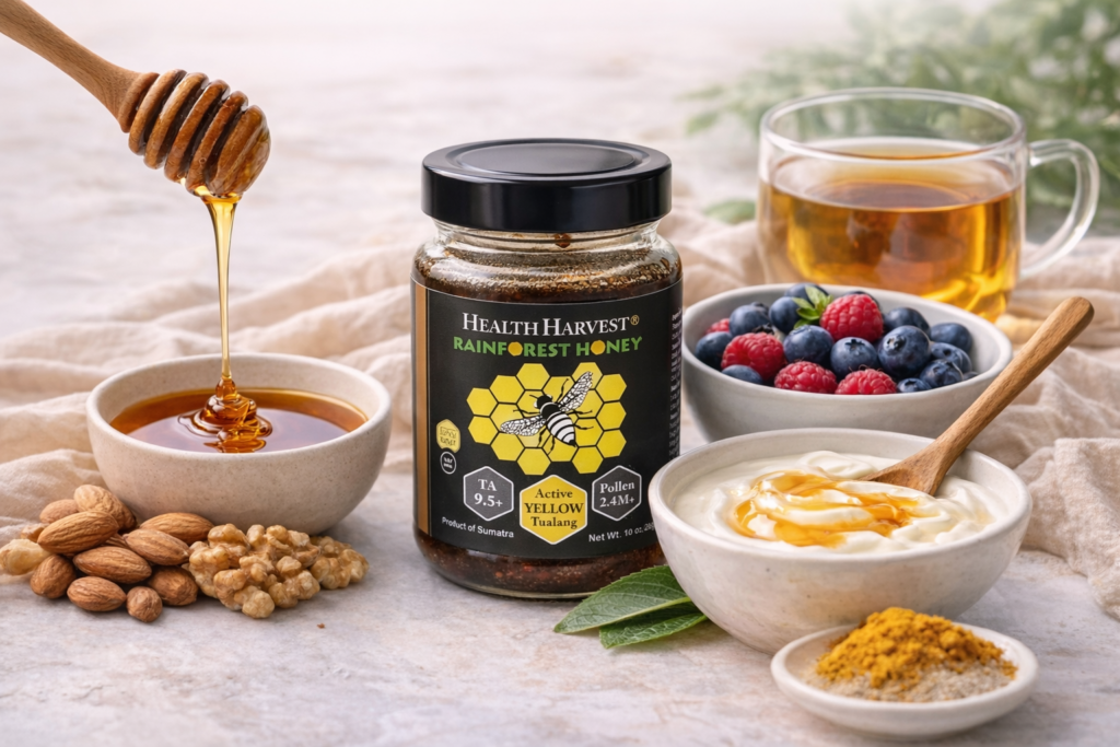 Tualang honey with berries, nuts, yogurt, tea, and turmeric showing simple daily pairings for memory routines