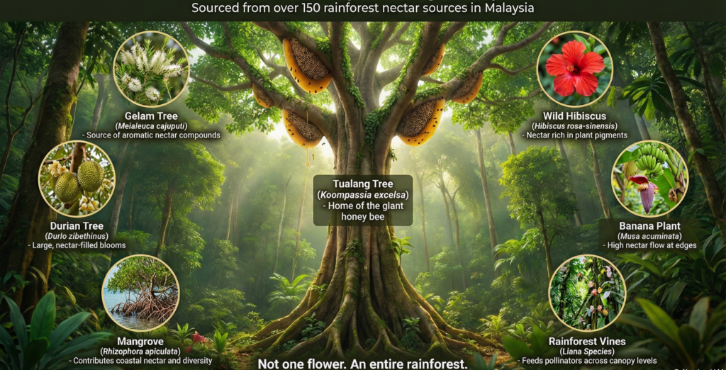 Tualang honey produced from diverse rainforest plants shown around a wild honeycomb tree in Southeast Asia