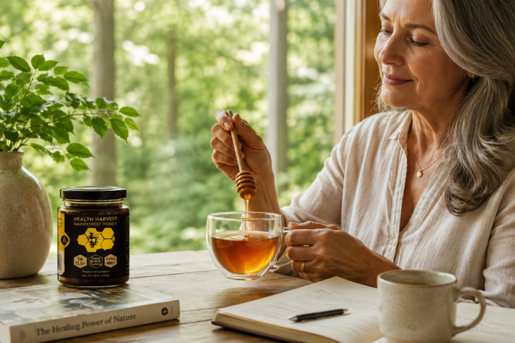 Woman enjoying tea with Active Black Tualang honey in a peaceful natural setting featuring laboratory-tested rainforest honey from Sumatra.