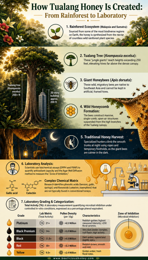 Educational infographic showing how Tualang honey is created from rainforest nectar collection to laboratory testing and grading. The infographic illustrates the Tualang tree (Koompassia excelsa), Apis dorsata giant honeybees, wild honeycomb formation, traditional honey harvesting, laboratory analysis, and Tualang honey grading categories including Platinum (TA 21+), Black Premium (TA 14+), Black (TA 11.5+), Red (TA 10+), and Yellow (TA 9.5+).