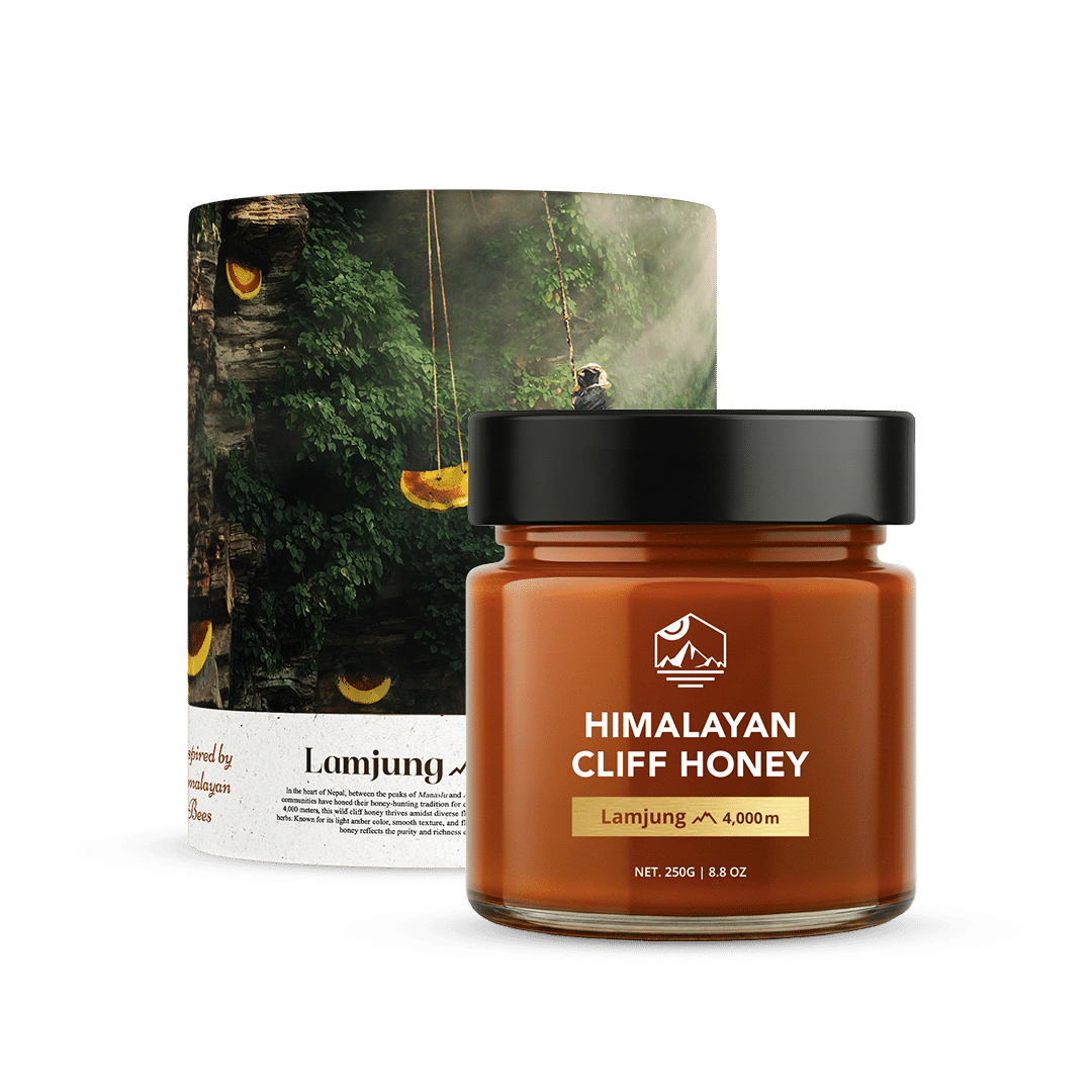 Himalayan Cliff Honey jar and packaging featuring traditional Nepal honey hunting