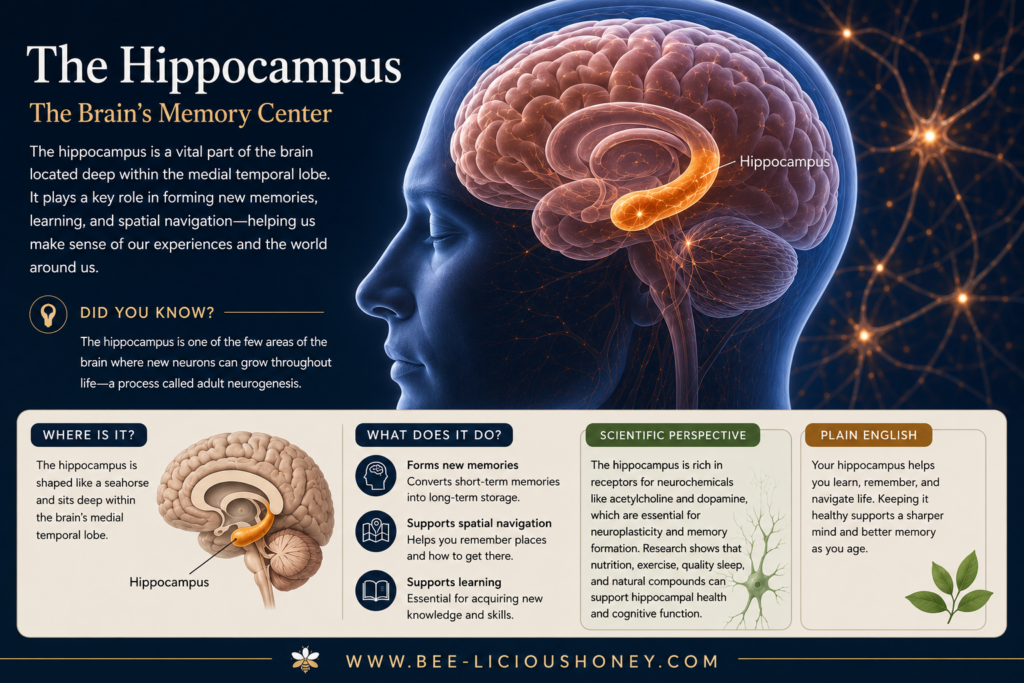 Medical illustration of the human brain highlighting the hippocampus, a region involved in learning, memory formation, and spatial navigation that has been examined in Tualang honey research.
