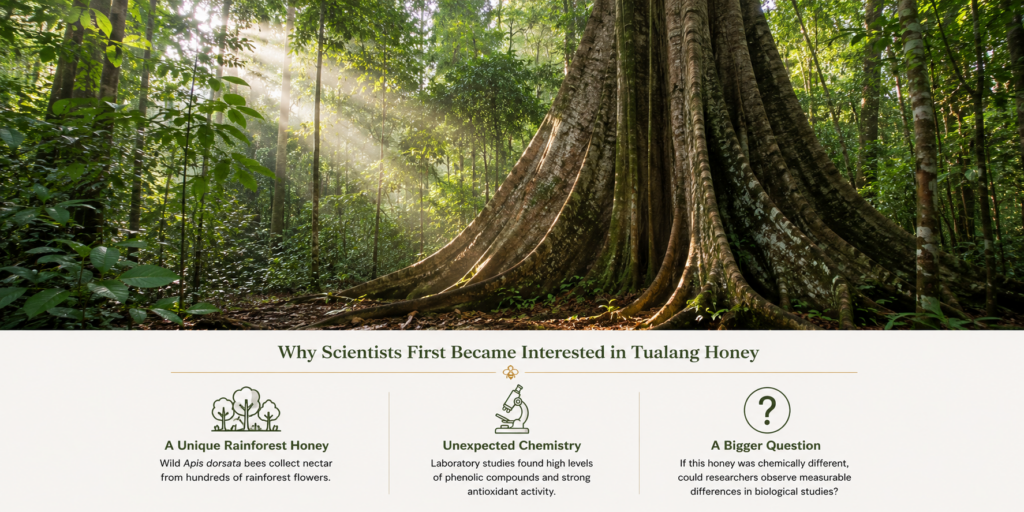 Towering Tualang tree in the tropical rainforest of Sumatra, Indonesia, where wild Apis dorsata honeybees build massive open-air honeycombs high above the forest floor.