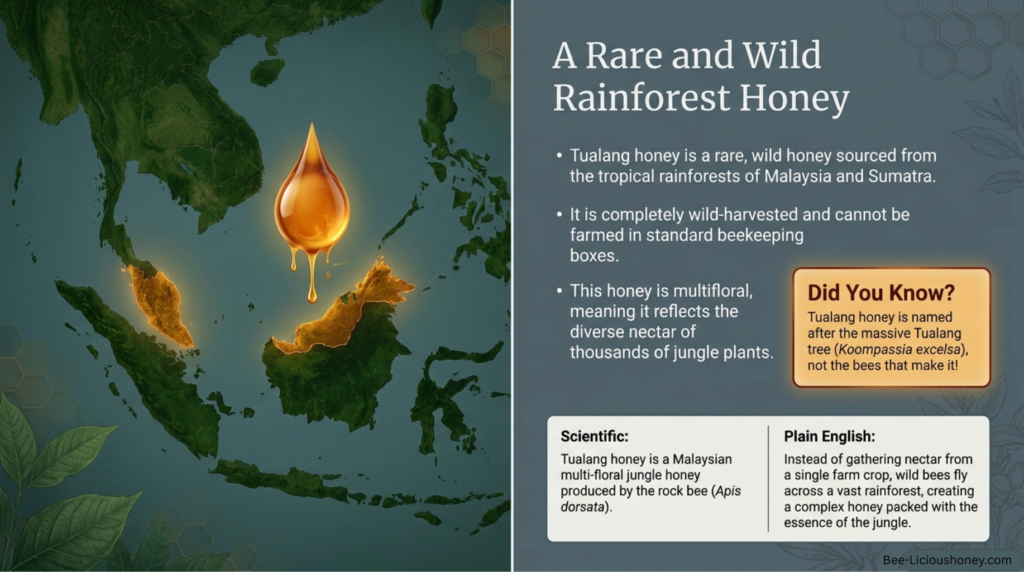 Map showing the tropical rainforests of Malaysia and Sumatra, where wild Apis dorsata bees produce authentic Tualang honey in towering Tualang trees.
